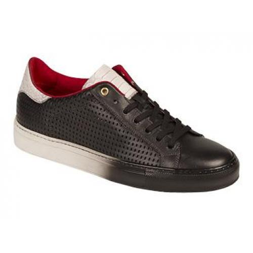 Bacco Bucci "Fredo" Black Genuine Perforated / Embossed / Smooth Calfskin Fabric With Side Slip On Sneakers